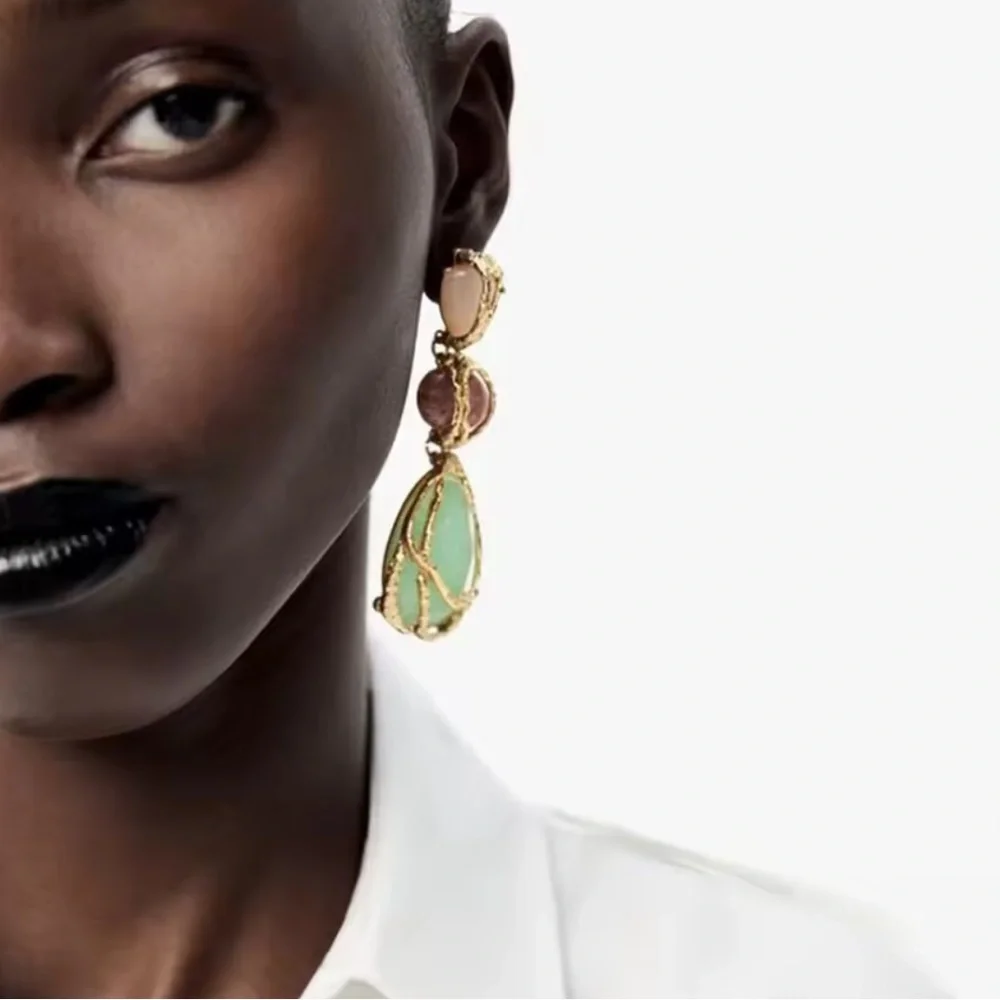 Zara Gold Green Stone Drop Earrings